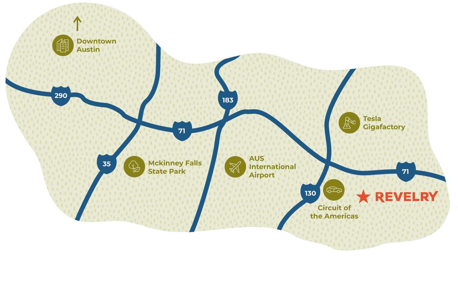 Map showing Revelry's location near Hwy 130, Tesla Gigafactory, and Circuit of the Americas in Southeast Austin